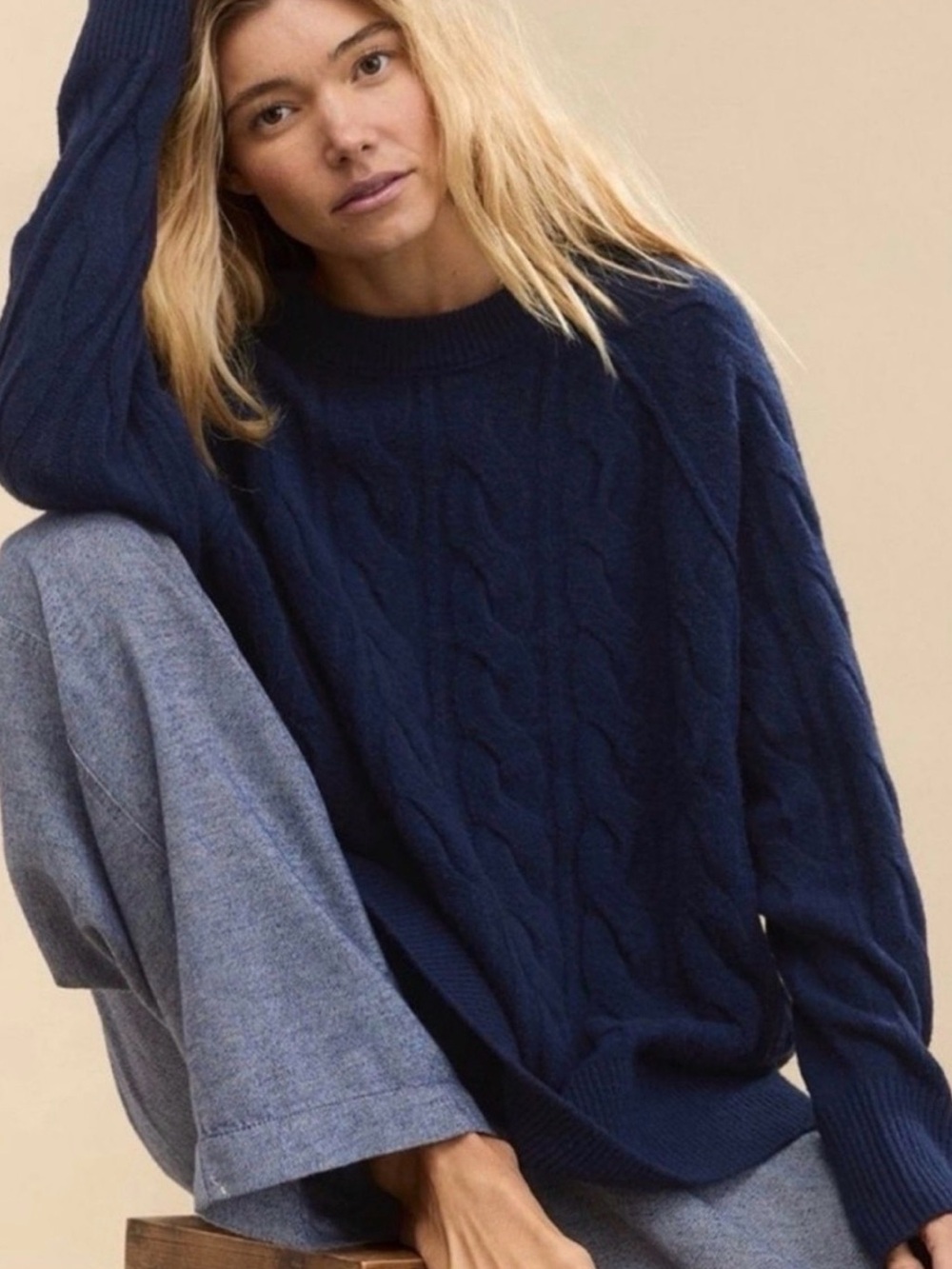 aerie Navy Cable Knit Crewneck Sweater
